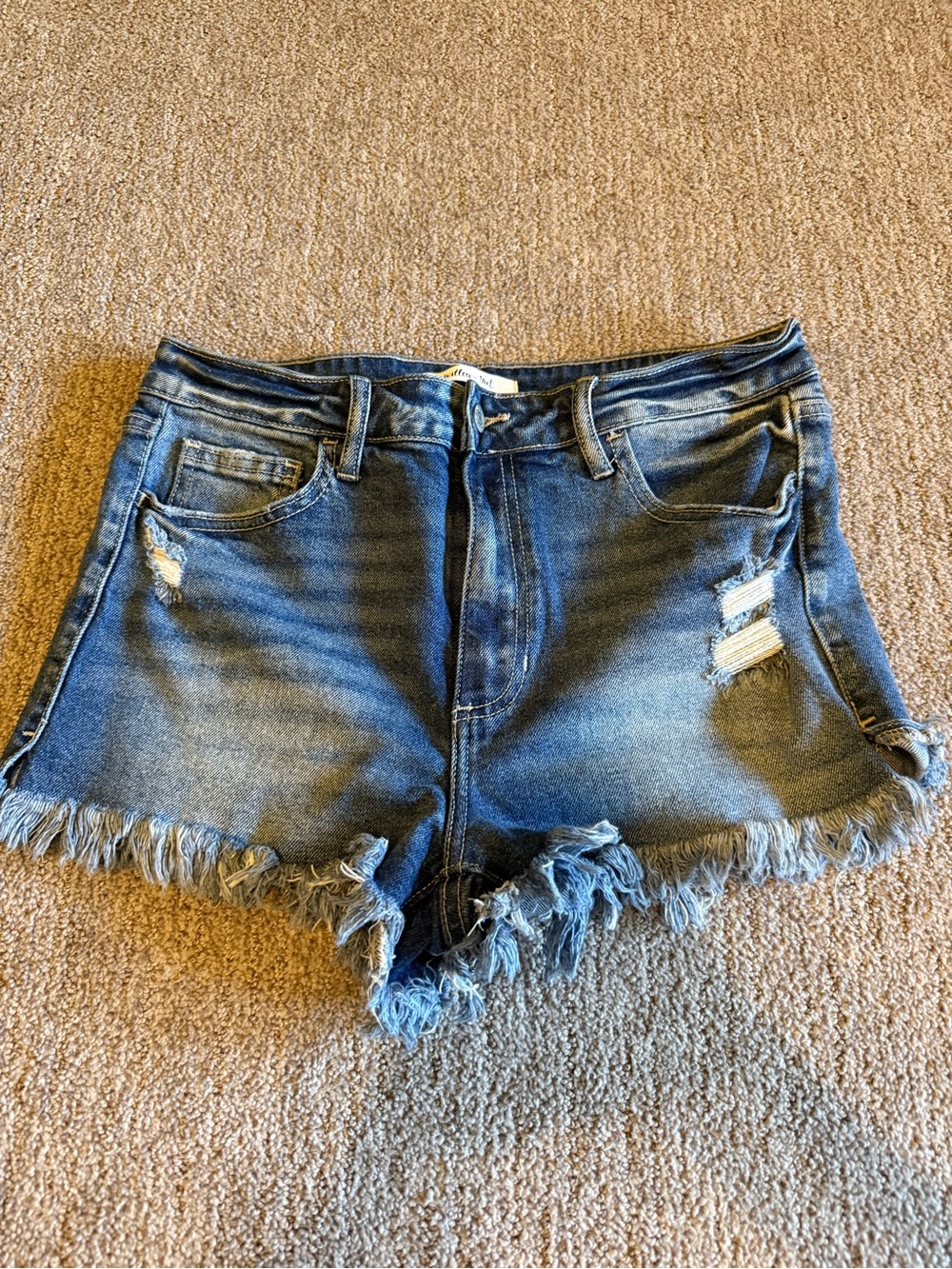 High-Rise Frayed Hem Blue Denim Shorts